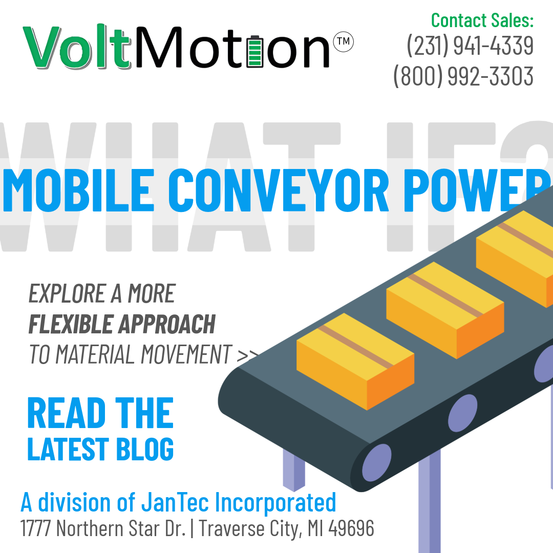 VoltMotion mobile conveyor power graphic highlighting flexible material movement and portable conveyor solutions for changing operational needs.